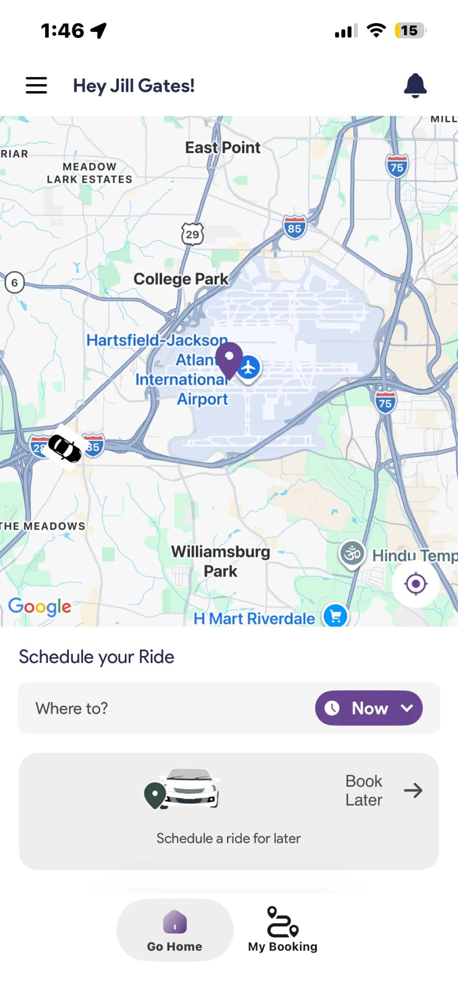HERide customer home — schedule a ride now or book later, with the map centered on Hartsfield-Jackson.