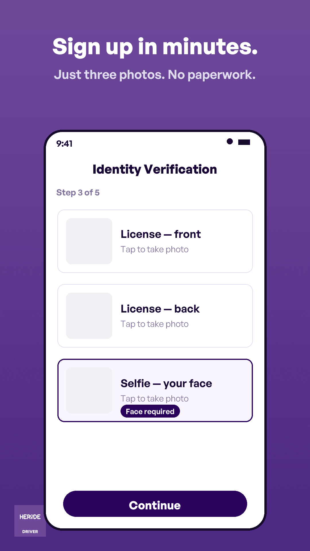 HERide driver signup — three photos and no paperwork.