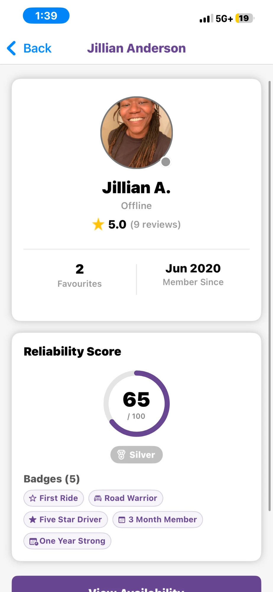 HERide driver profile — Jillian A., 5.0 star rating (9 reviews), Reliability Score 65 out of 100 Silver tier, 5 badges.