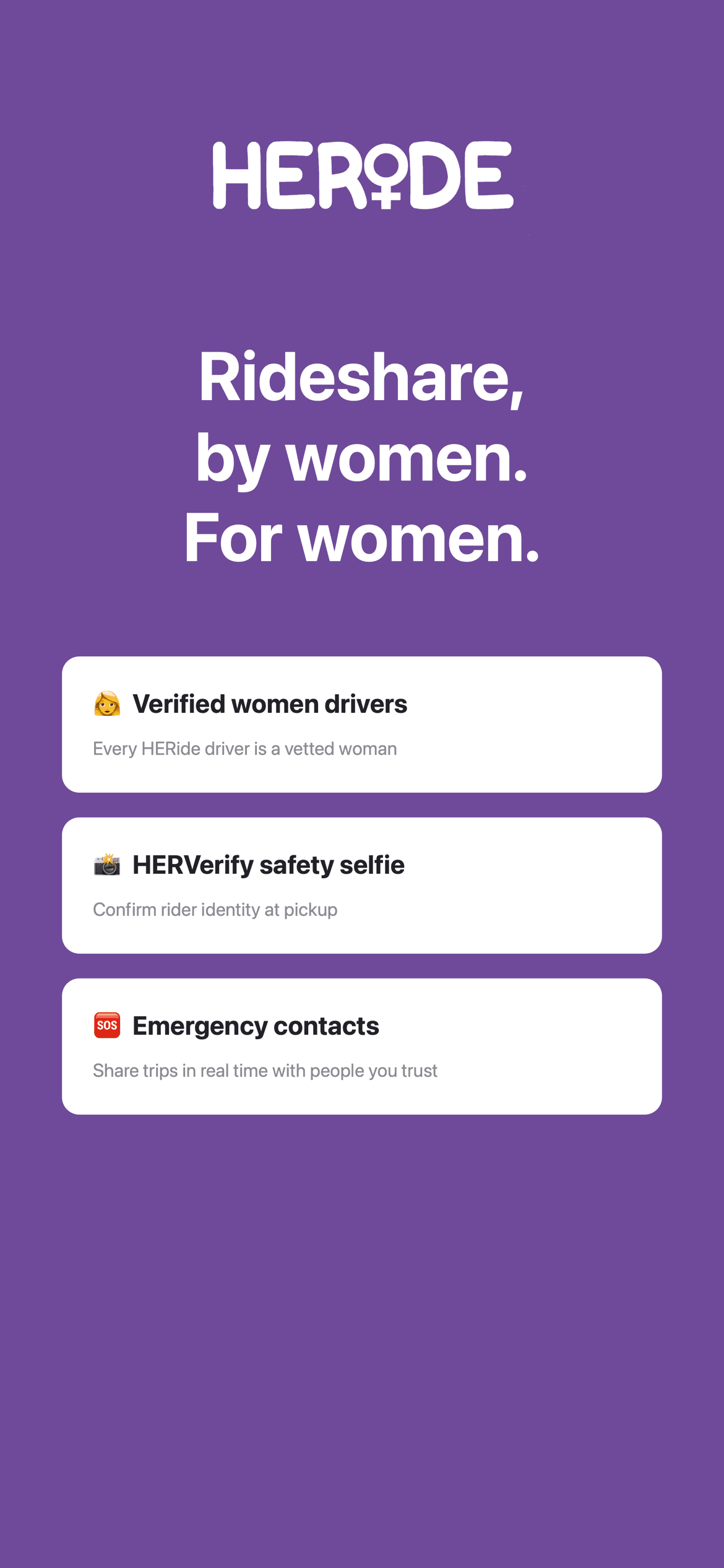 HERide safety features — verified women drivers, HERVerify selfie, emergency contacts.