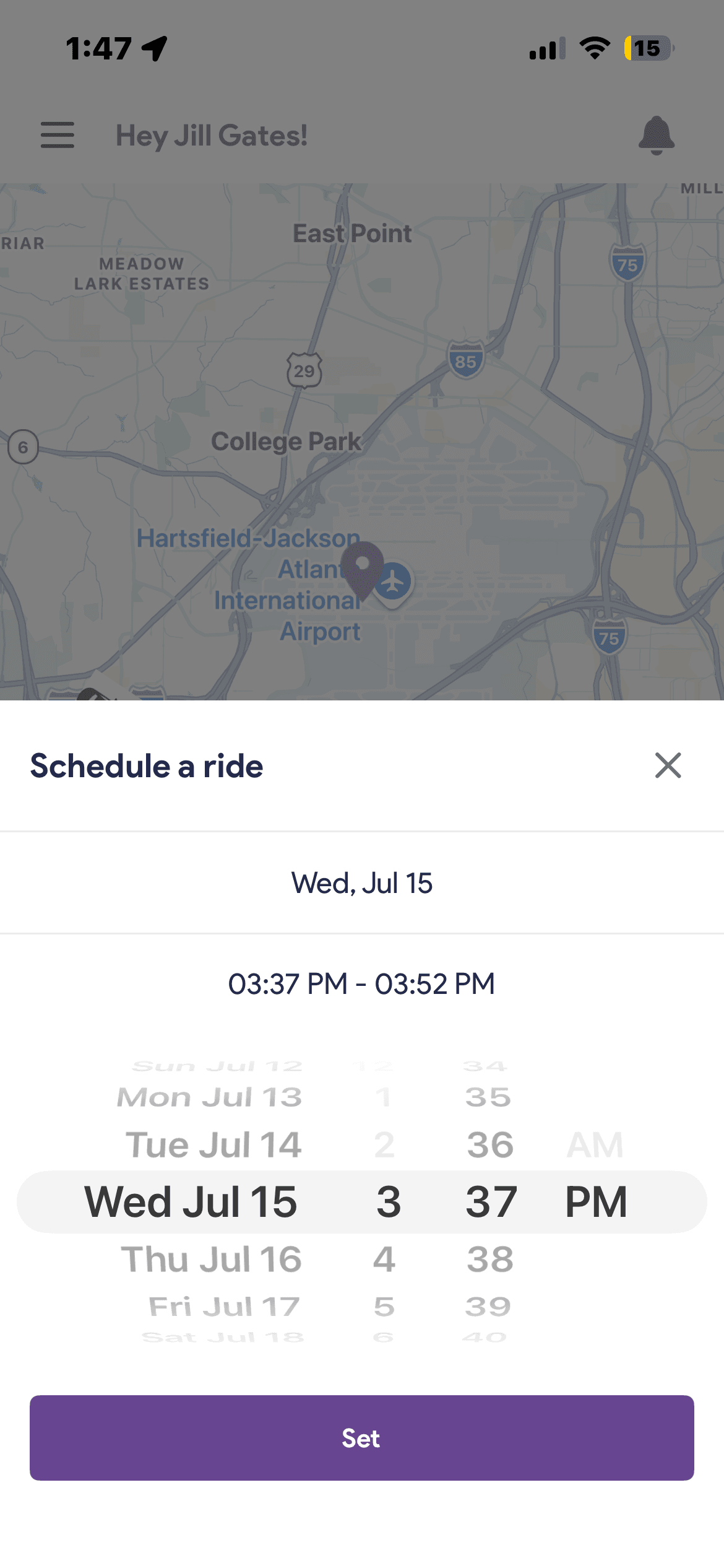 HERide app — schedule a ride from Hartsfield-Jackson airport, Wed Jul 15 at 3:37 PM.